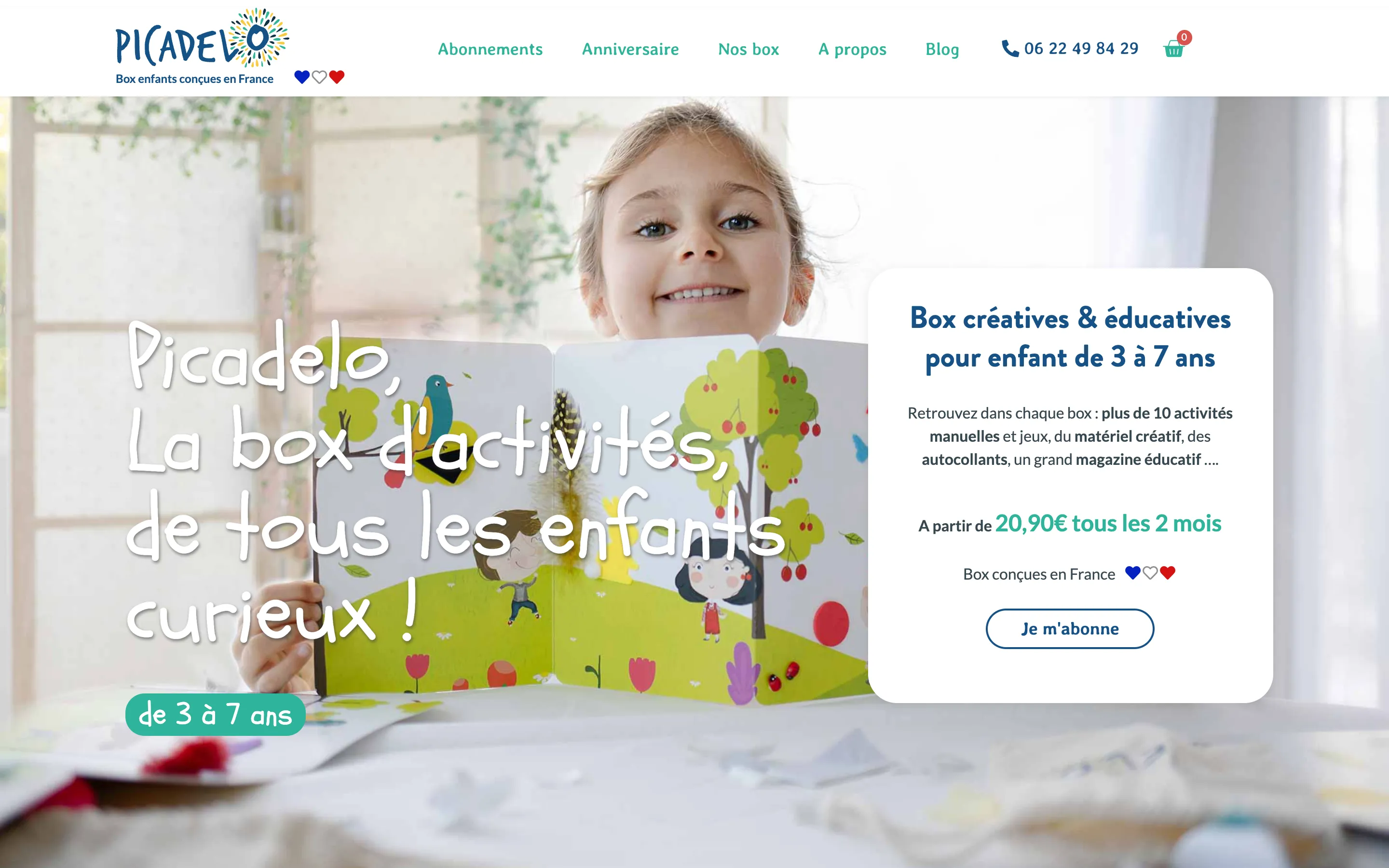 Page d'accueil du site de Picadelo, box créatives pour enfants, version ordinateur