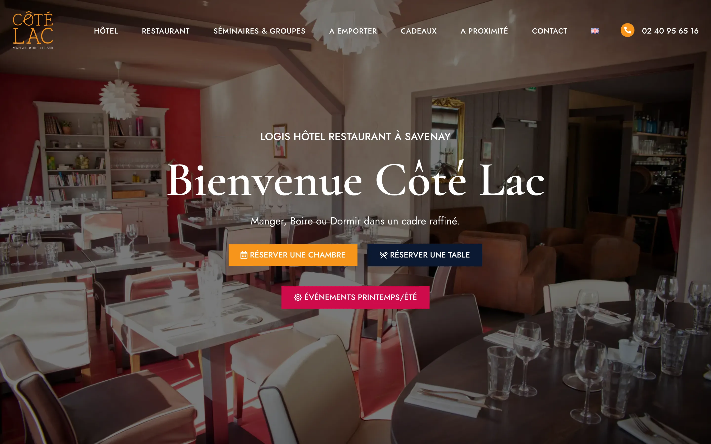 Page d'accueil du site de Côté Lac, hôtel restaurant à Savenay, version ordinateur