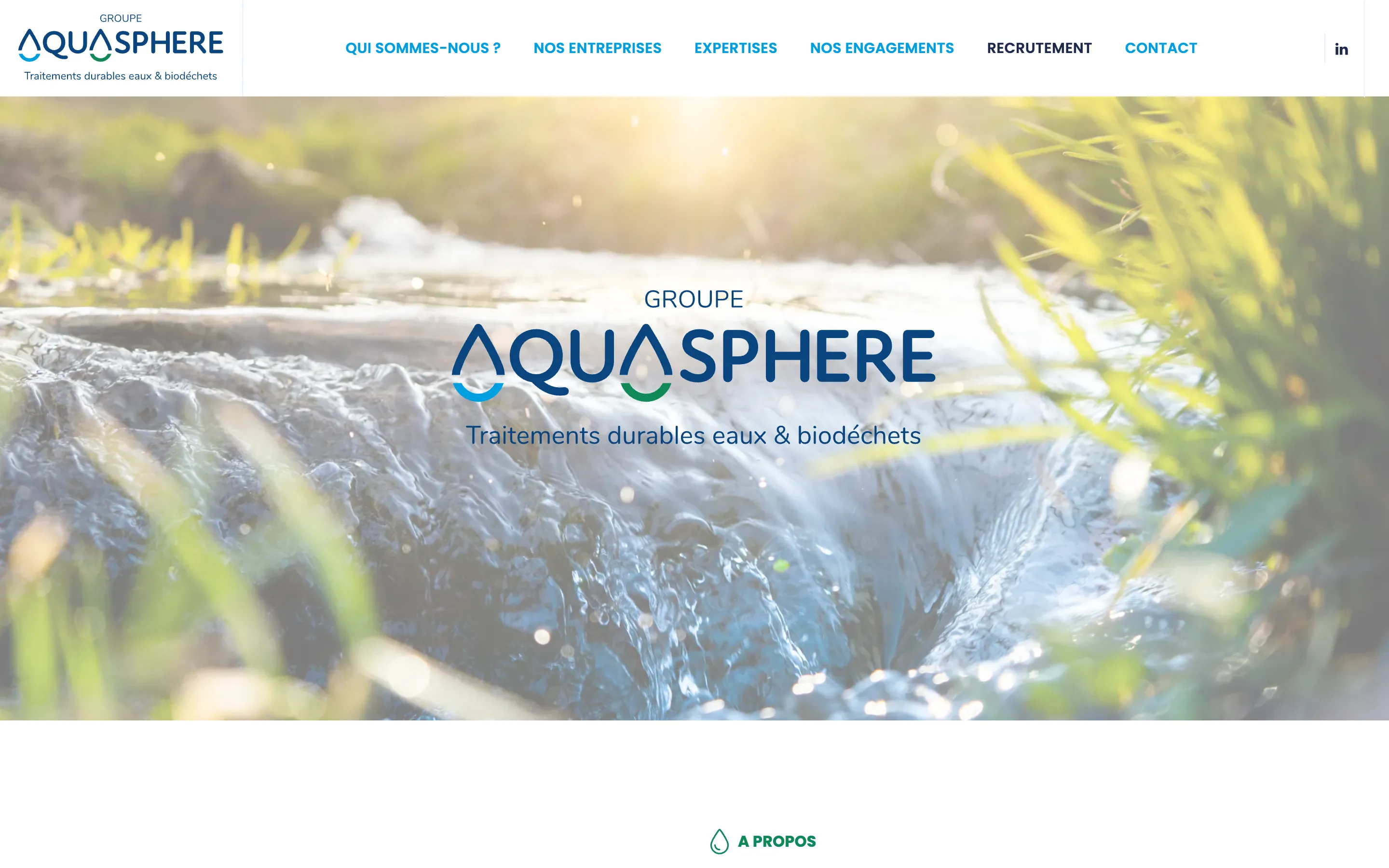 Page d'accueil du site du Groupe Aquasphère, traitement des eaux, version ordinateur