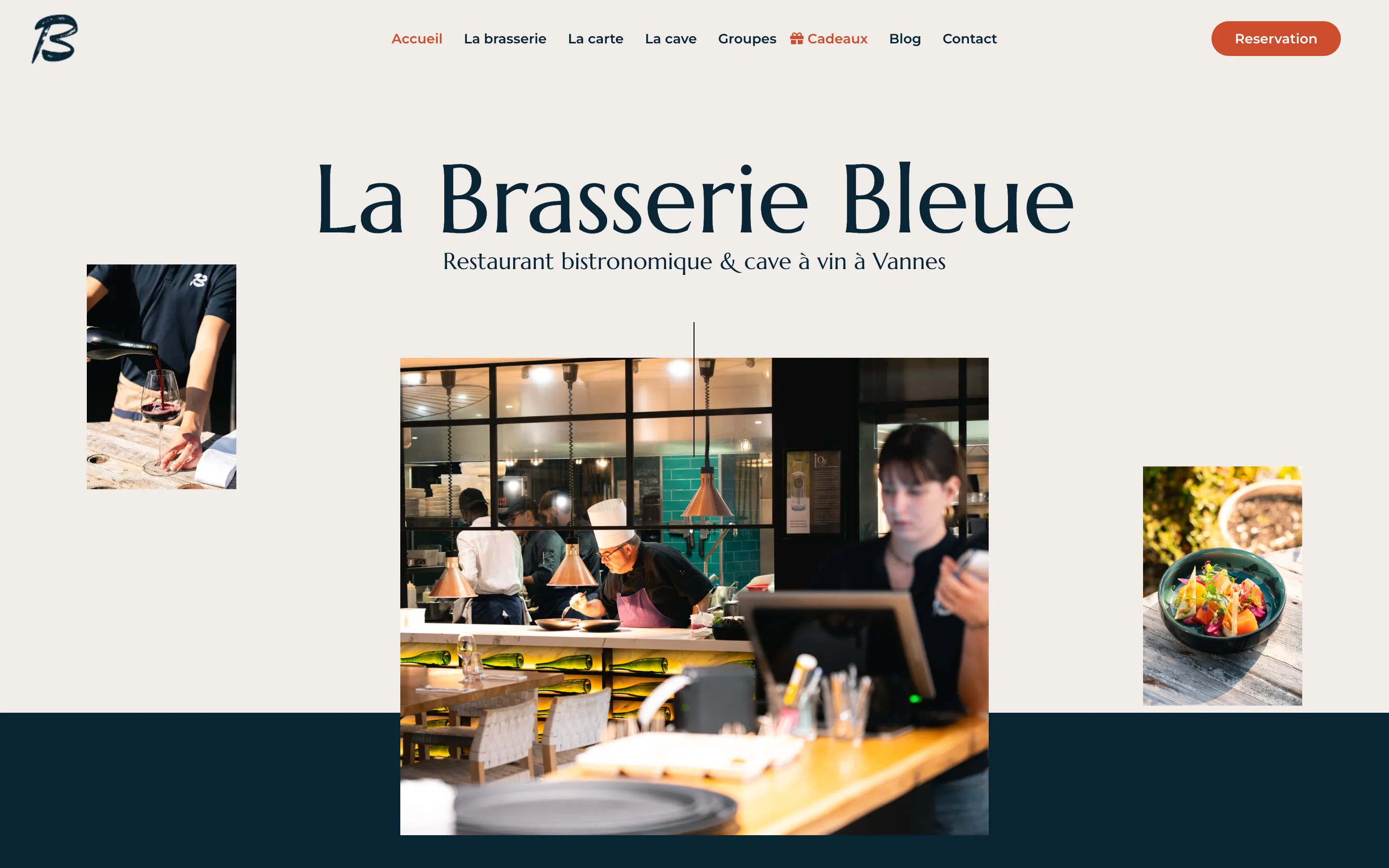 Page d'accueil du site de La Brasserie Bleue, restaurant à Vannes, version ordinateur