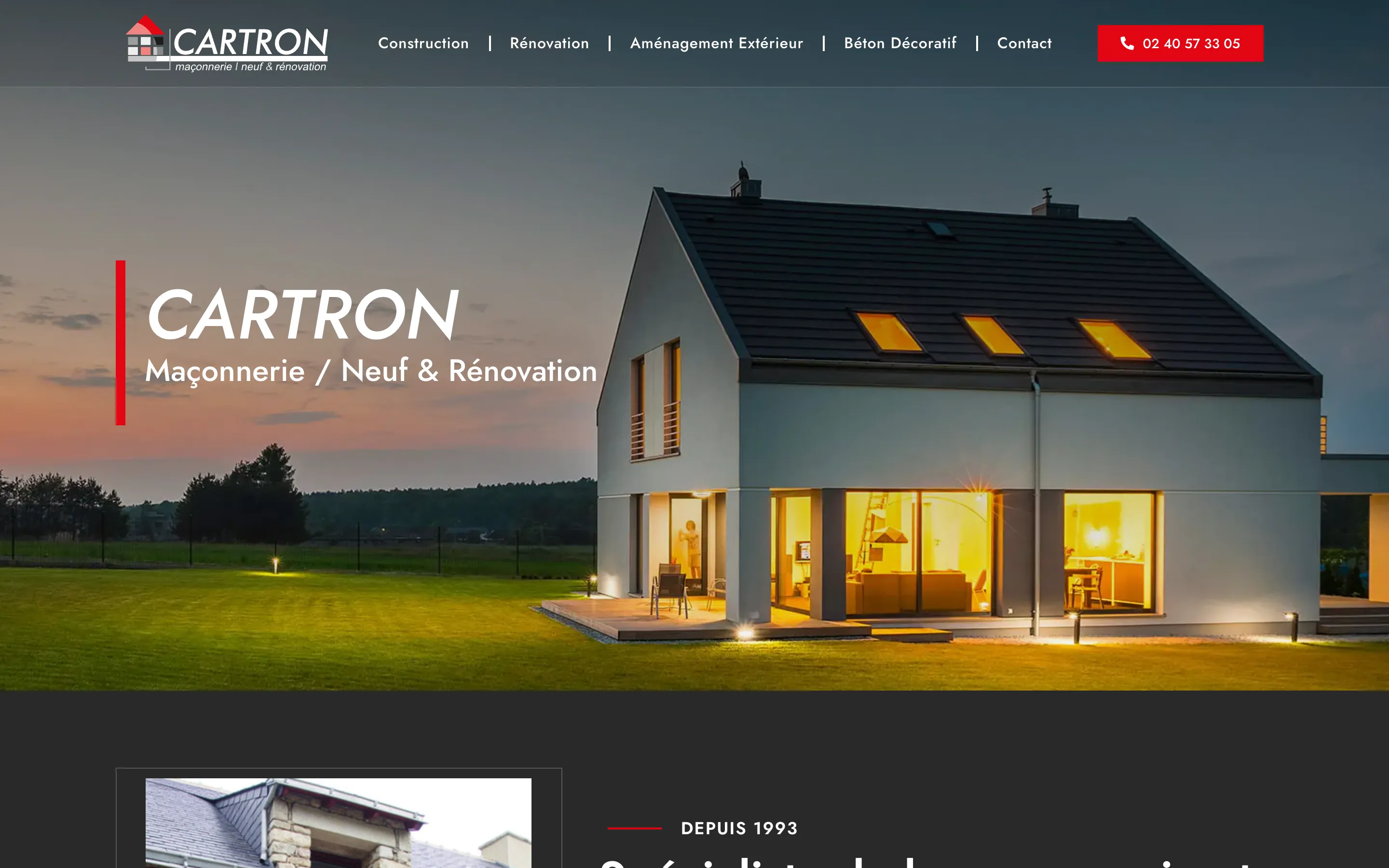 Page d'accueil du site de la Maçonnerie Cartron, près de Nantes, version ordinateur
