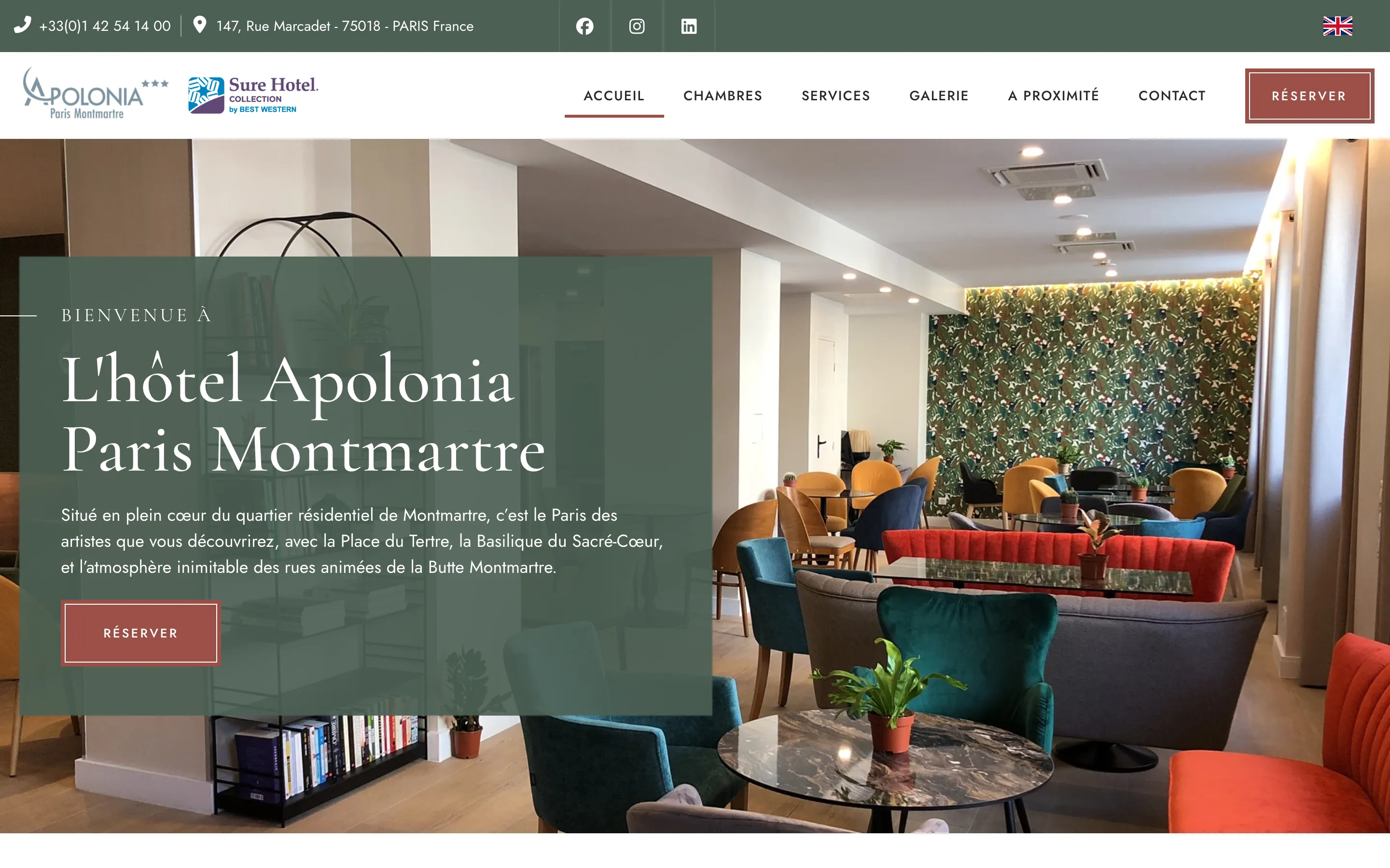 Page d'accueil du site de l'Hôtel Apolonia Paris Montmartre, version ordinateur