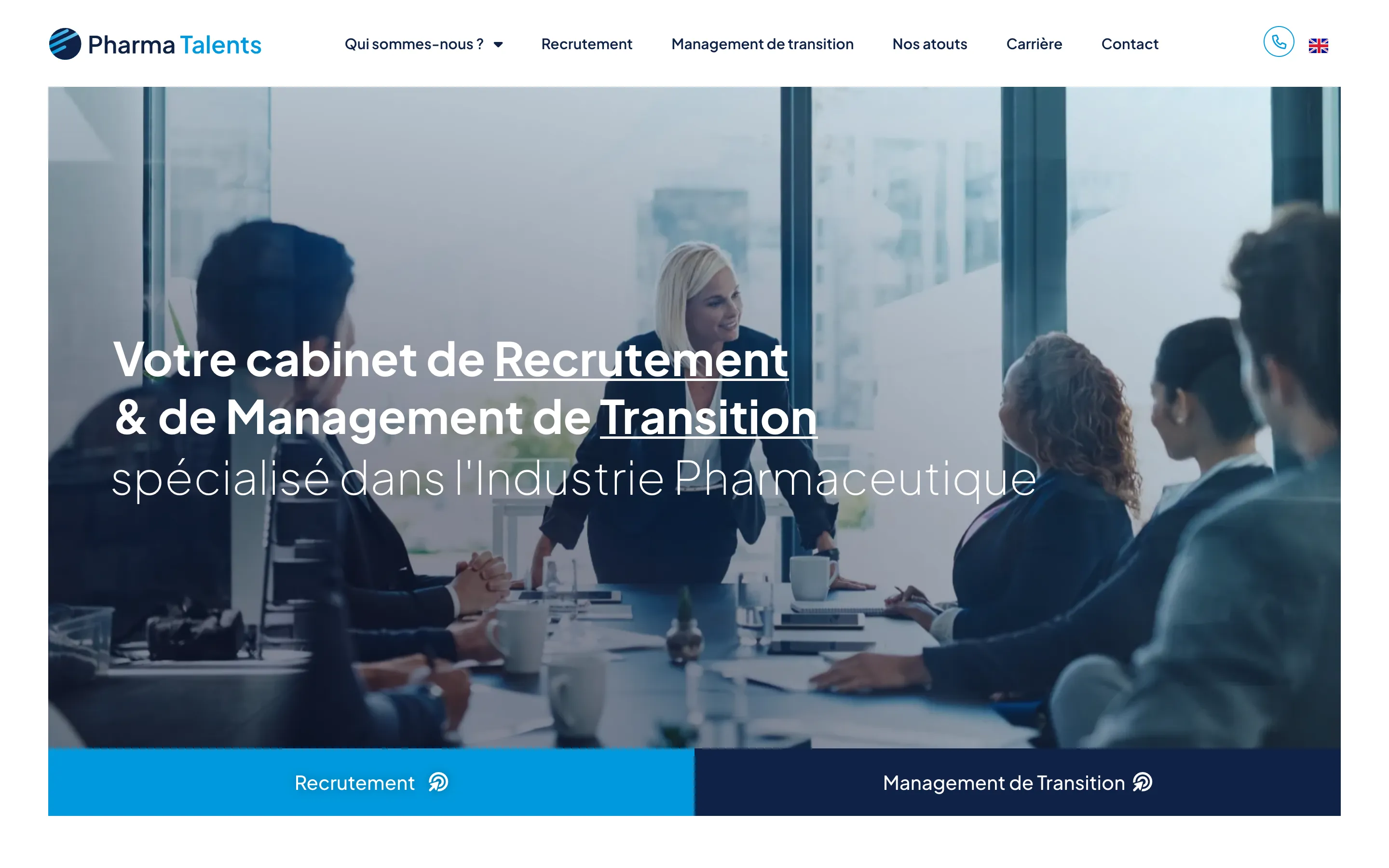 Page d'accueil du site de Pharma Talents, cabinet de recrutement pharmaceutique, version ordinateur