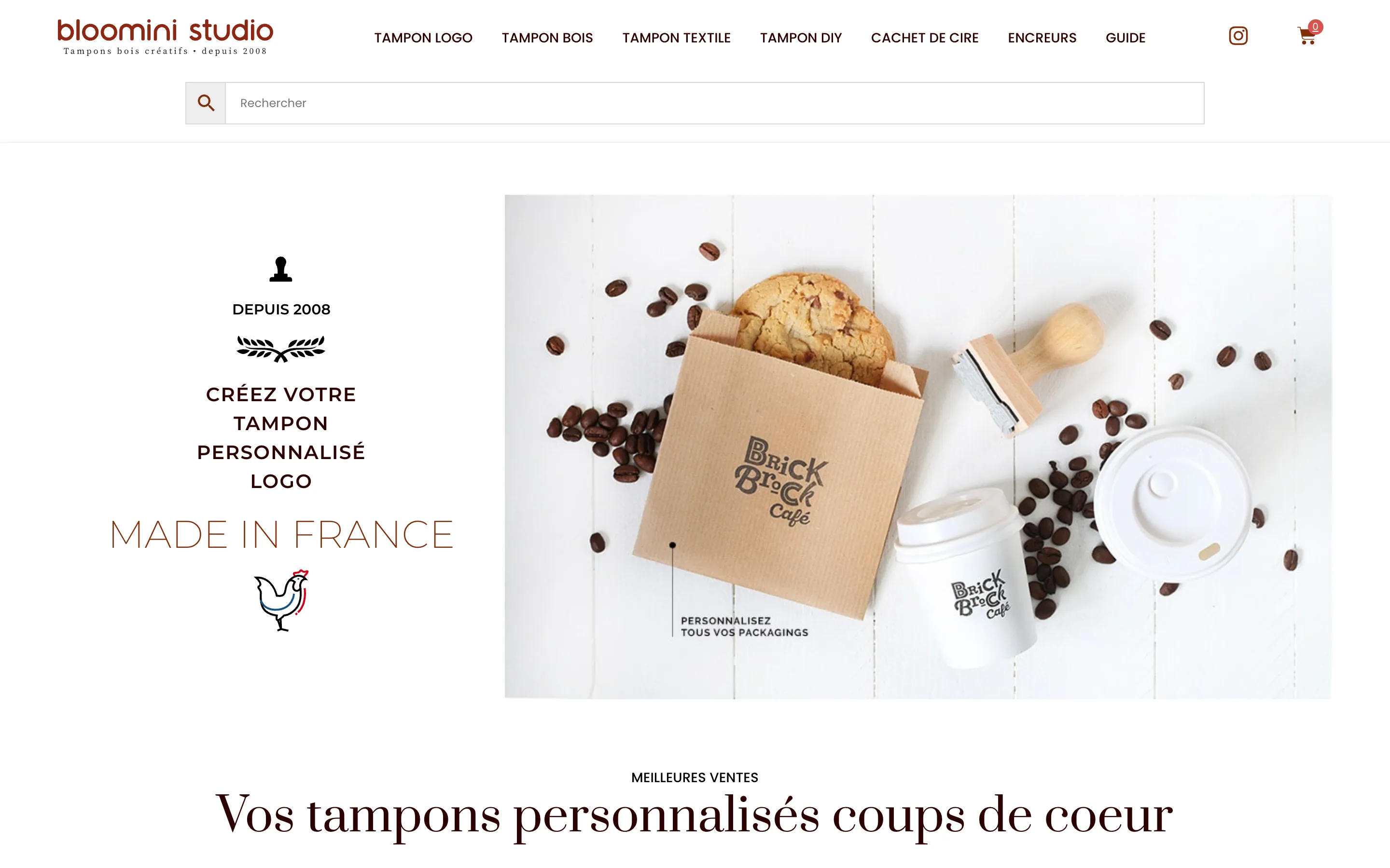 Page d'accueil du site de Bloomini Studio, tampons personnalisés, version ordinateur
