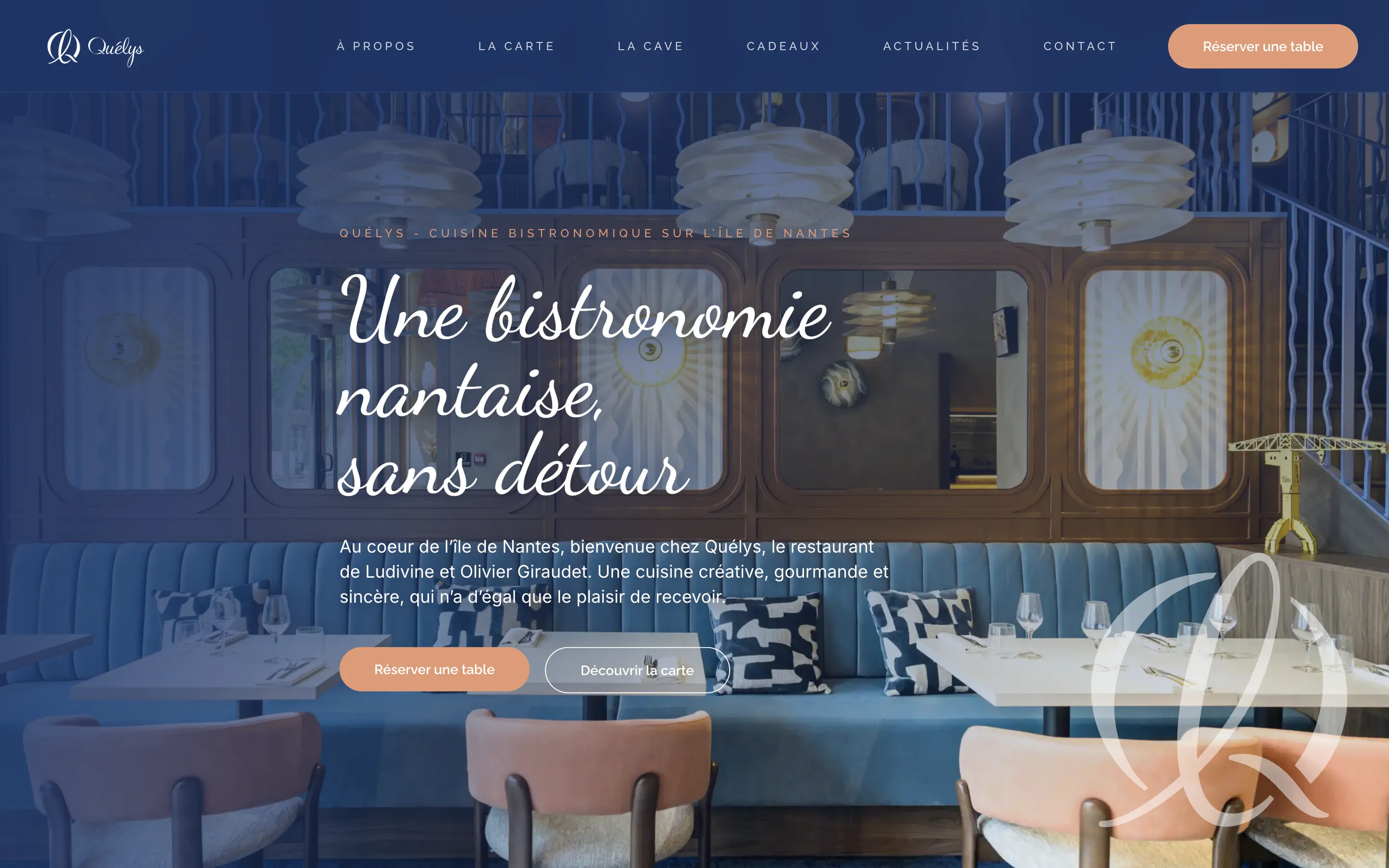Page d'accueil du site du restaurant Quélys à Nantes, version ordinateur