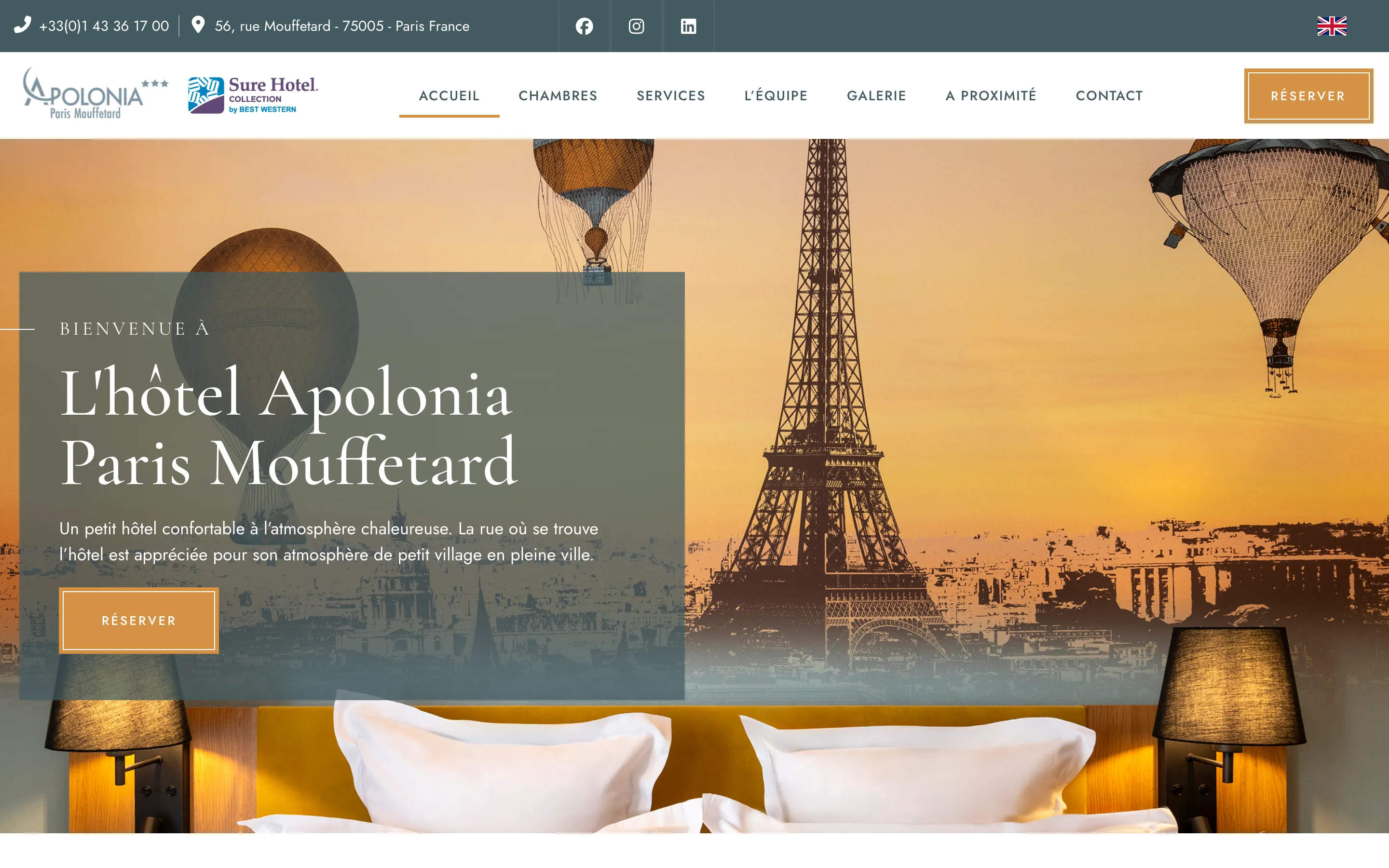 Page d'accueil du site de l'Hôtel Apolonia Paris Mouffetard, version ordinateur