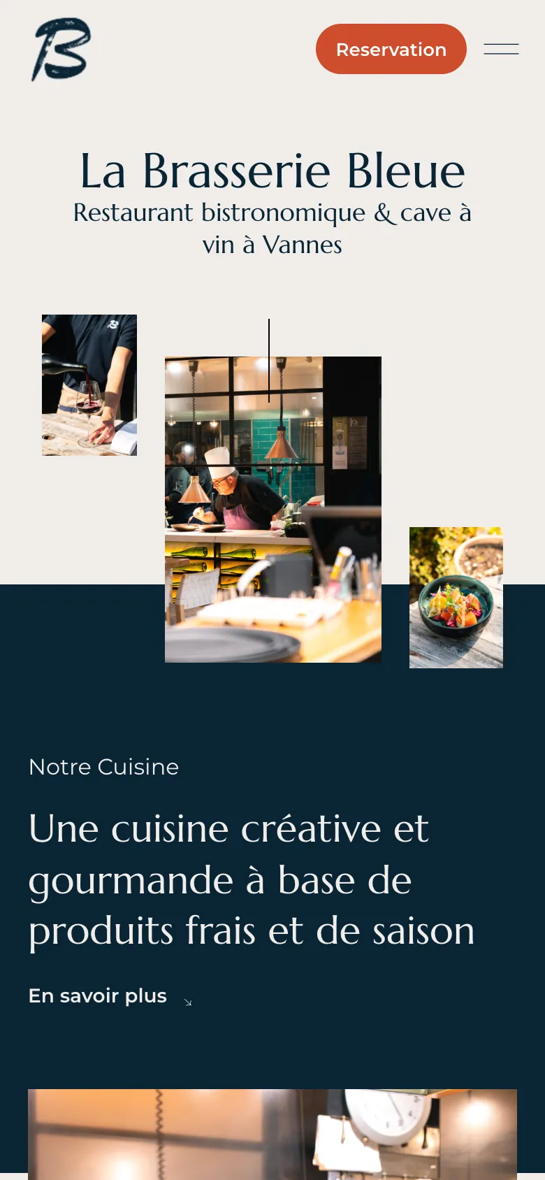 Page d'accueil du site de La Brasserie Bleue, restaurant à Vannes, version mobile