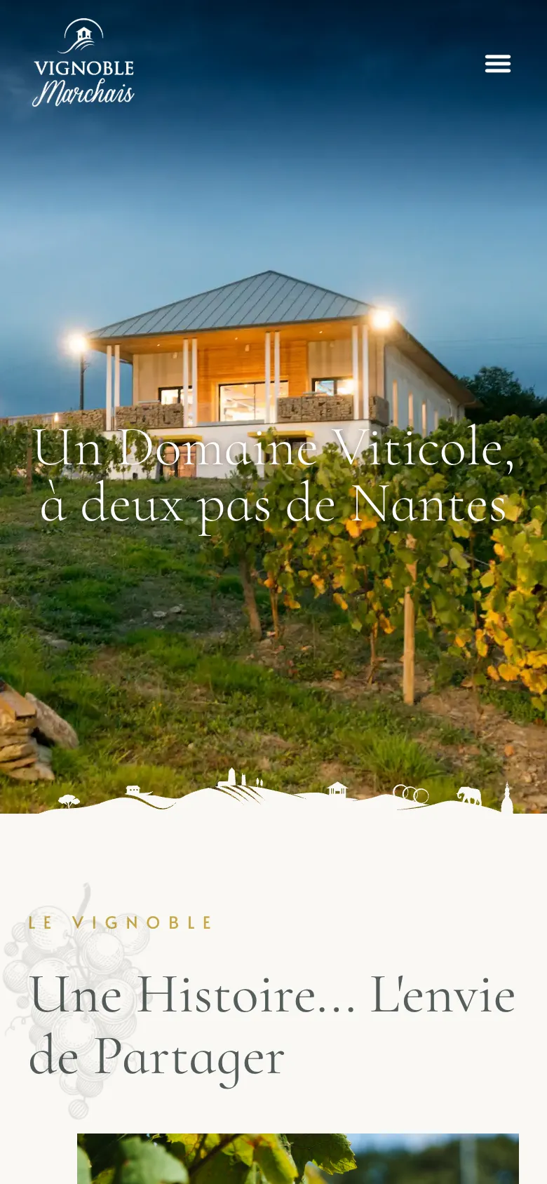Page d'accueil du site du Vignoble Marchais, domaine viticole près de Nantes, version mobile