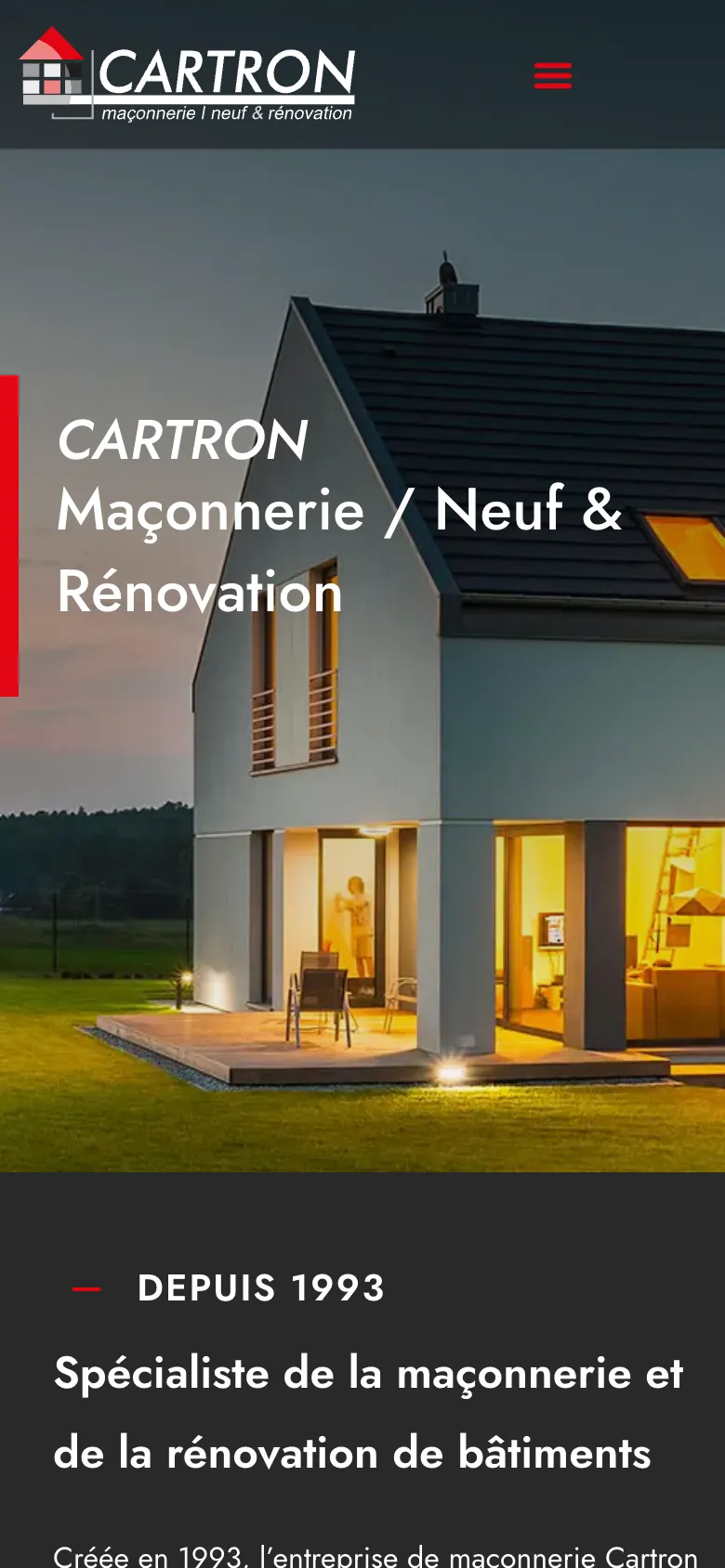 Page d'accueil du site de la Maçonnerie Cartron, près de Nantes, version mobile