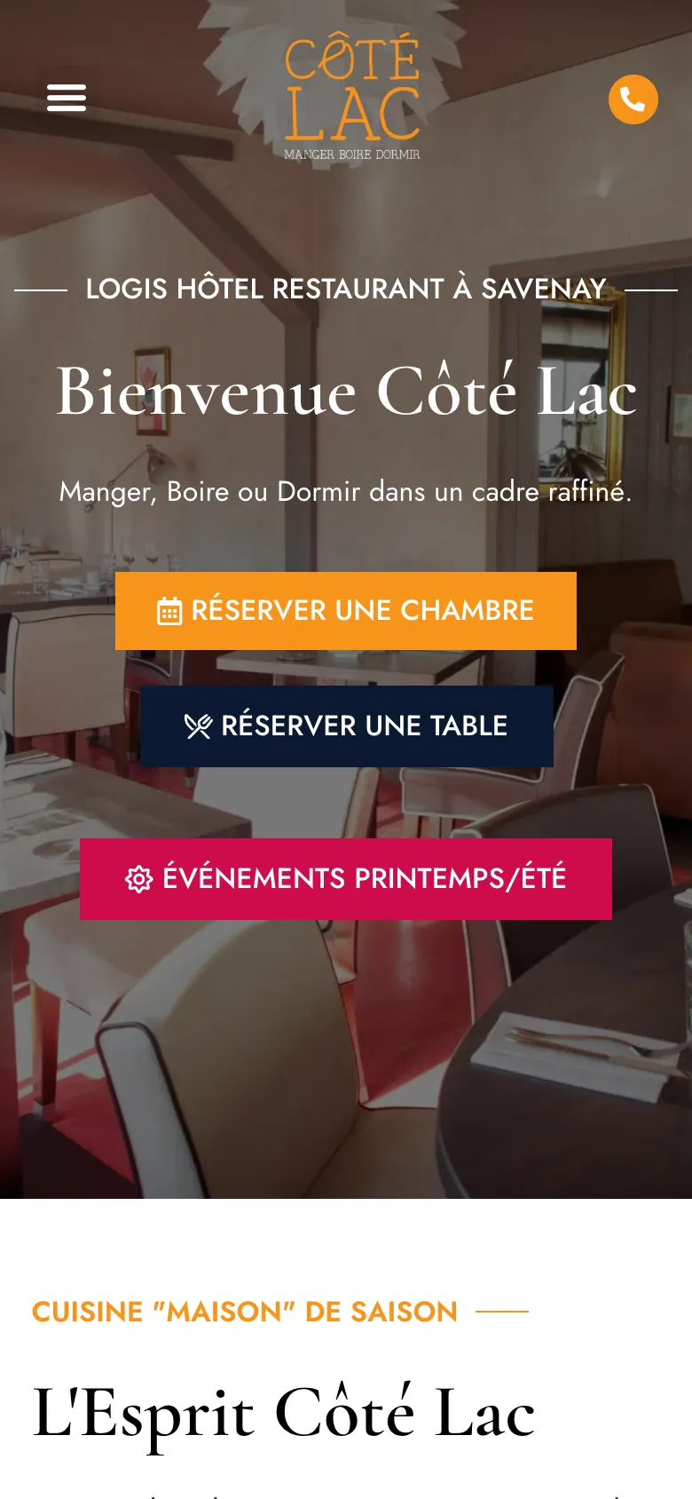 Page d'accueil du site de Côté Lac, hôtel restaurant à Savenay, version mobile