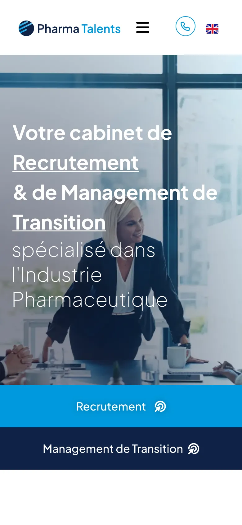 Page d'accueil du site de Pharma Talents, cabinet de recrutement pharmaceutique, version mobile