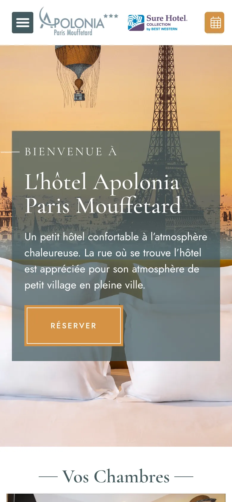 Page d'accueil du site de l'Hôtel Apolonia Paris Mouffetard, version mobile