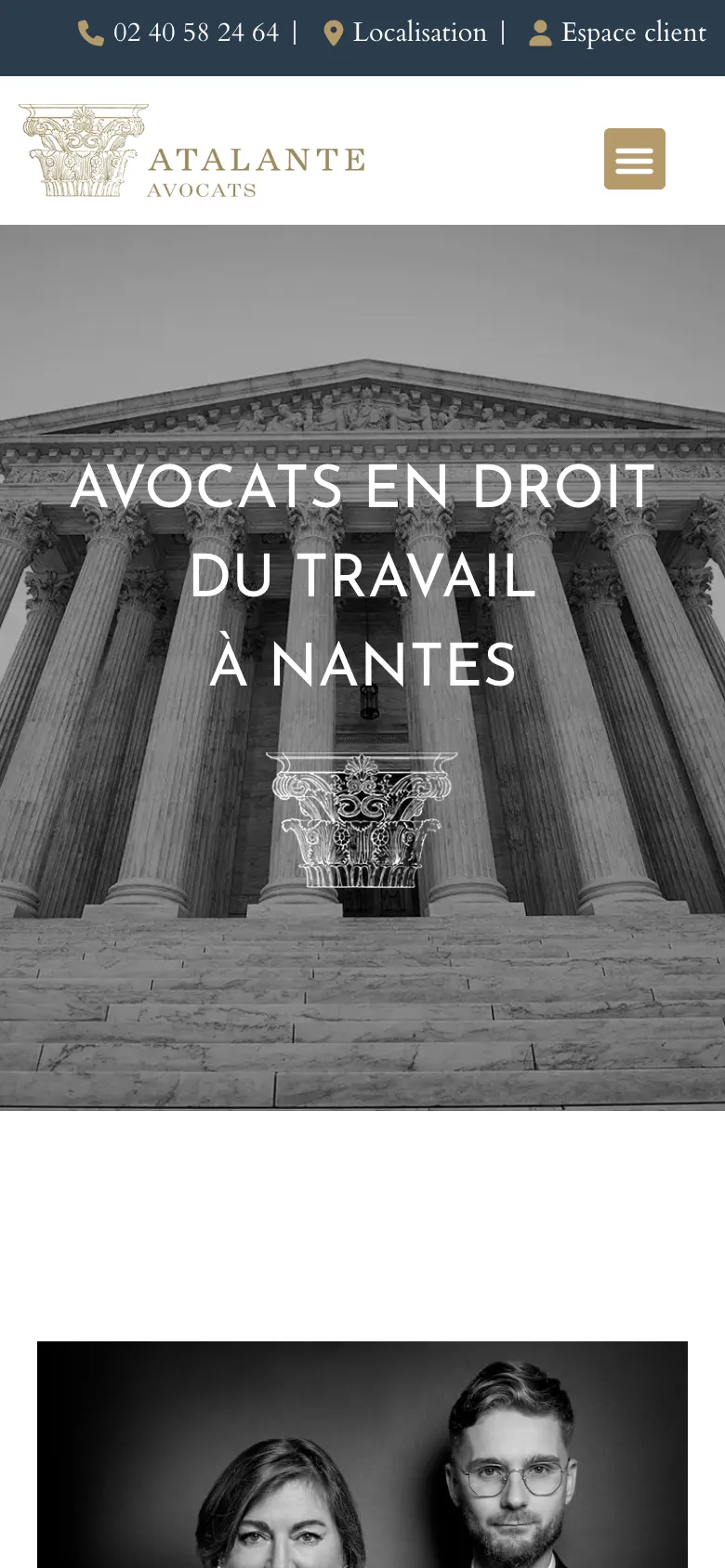 Page d'accueil du site d'Atalante Avocats, cabinet d'avocat à Nantes, version mobile