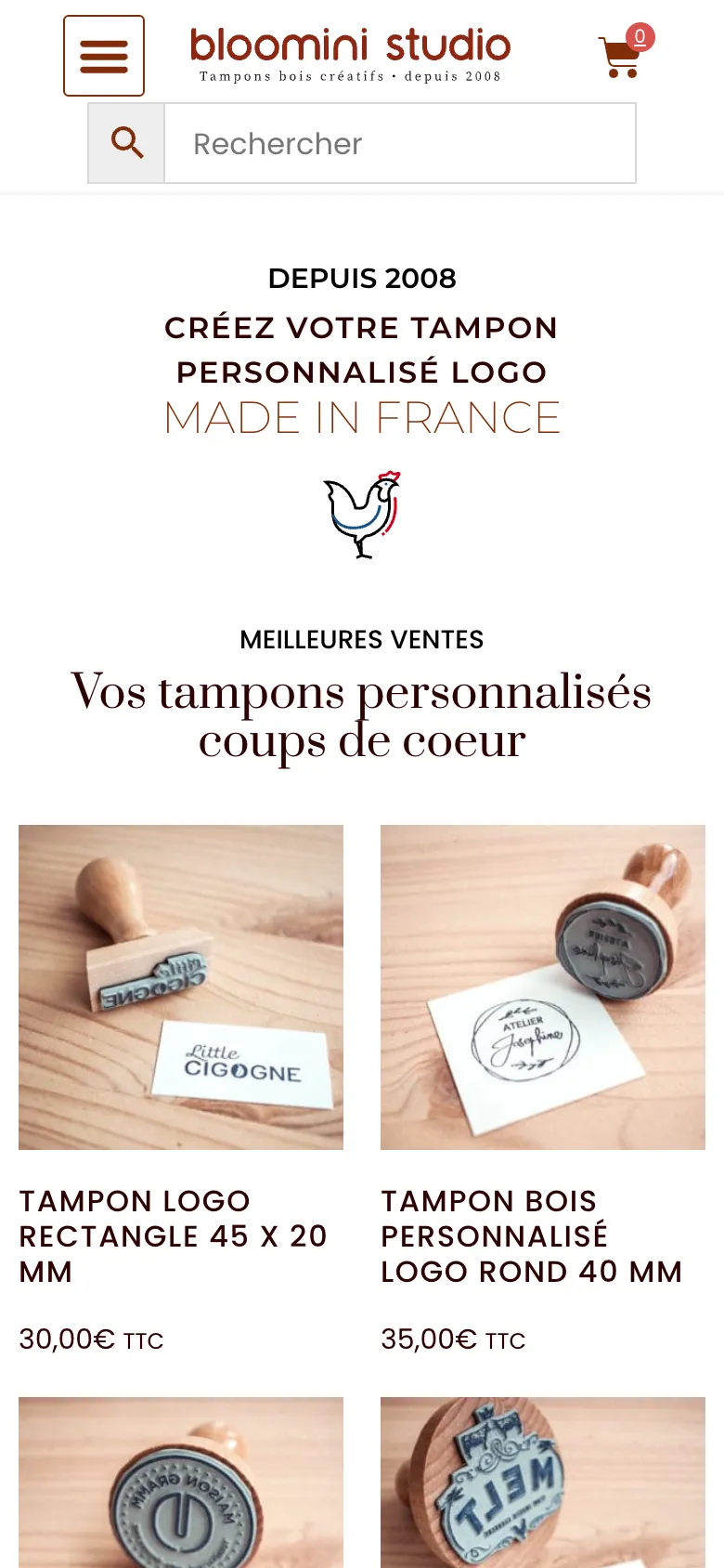 Page d'accueil du site de Bloomini Studio, tampons personnalisés, version mobile