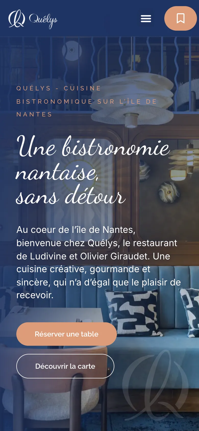 Page d'accueil du site du restaurant Quélys à Nantes, version mobile