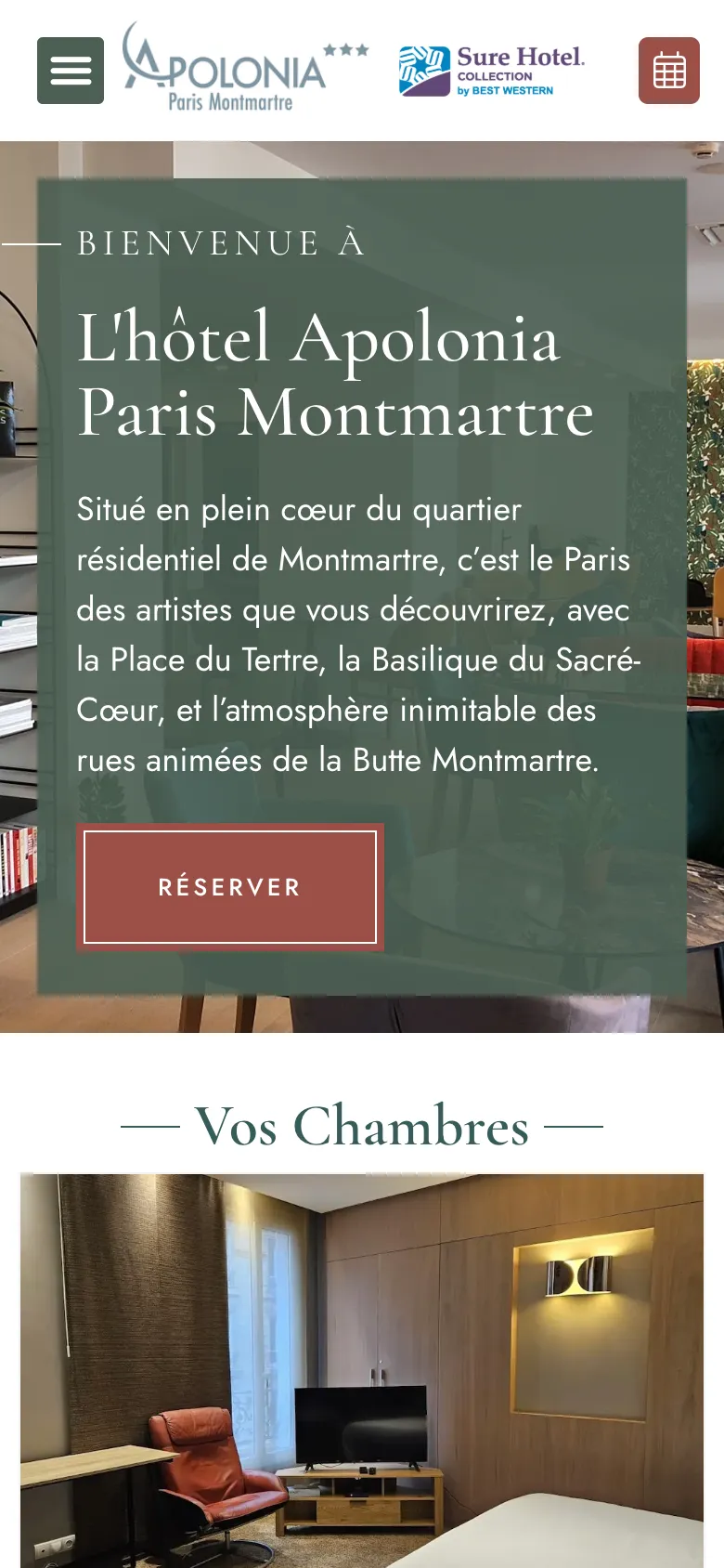 Page d'accueil du site de l'Hôtel Apolonia Paris Montmartre, version mobile