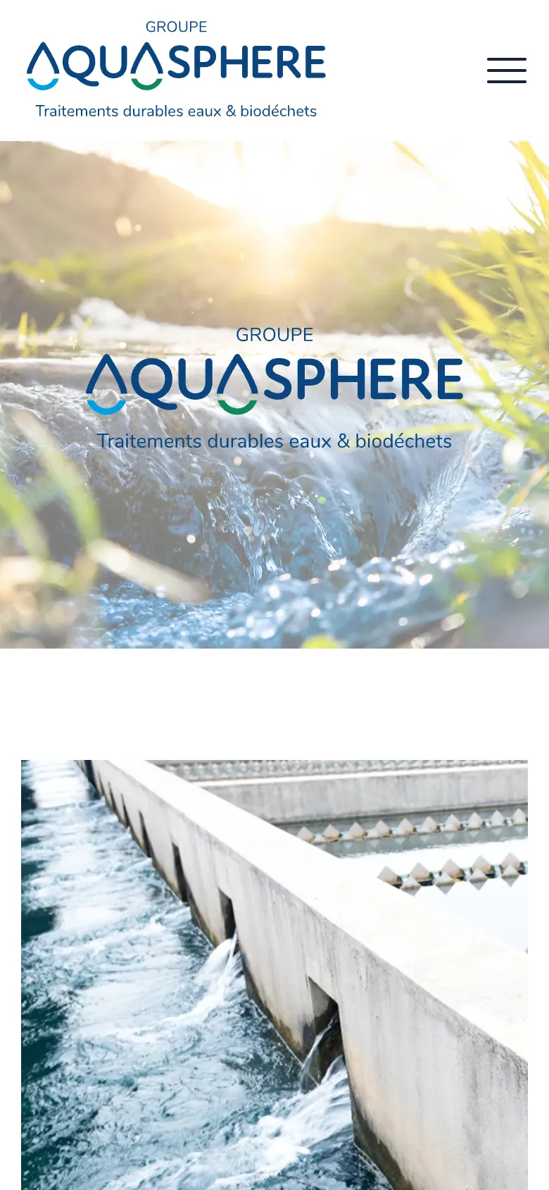 Page d'accueil du site du Groupe Aquasphère, traitement des eaux, version mobile