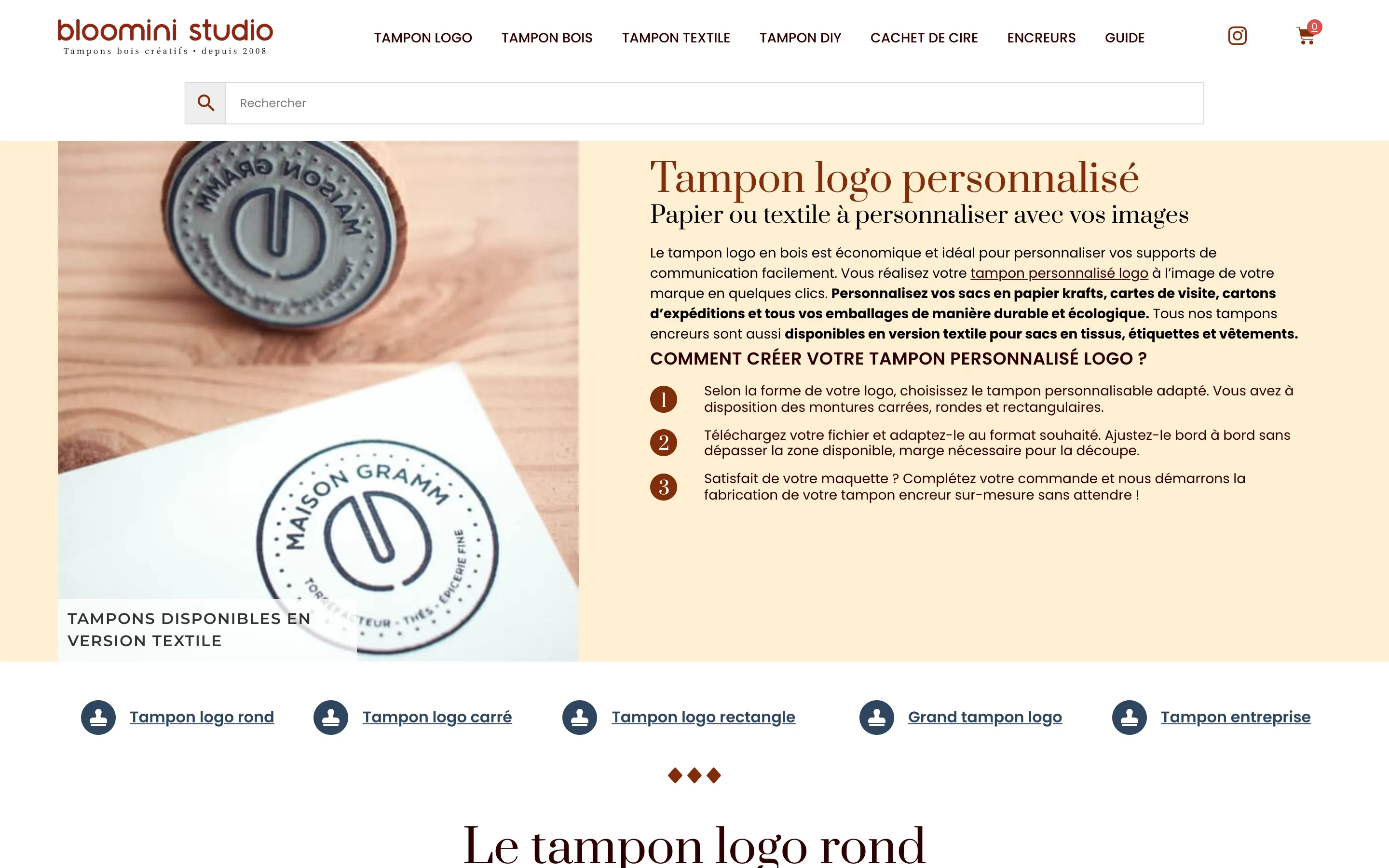 Page « Tampon logo » du site de Bloomini Studio, tampons personnalisés, version ordinateur
