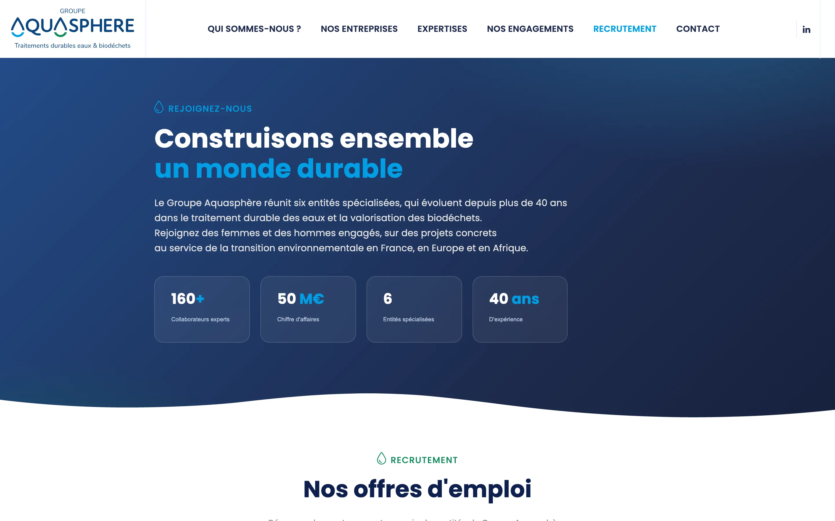 Page « Recrutement » du site du Groupe Aquasphère, traitement des eaux, version ordinateur