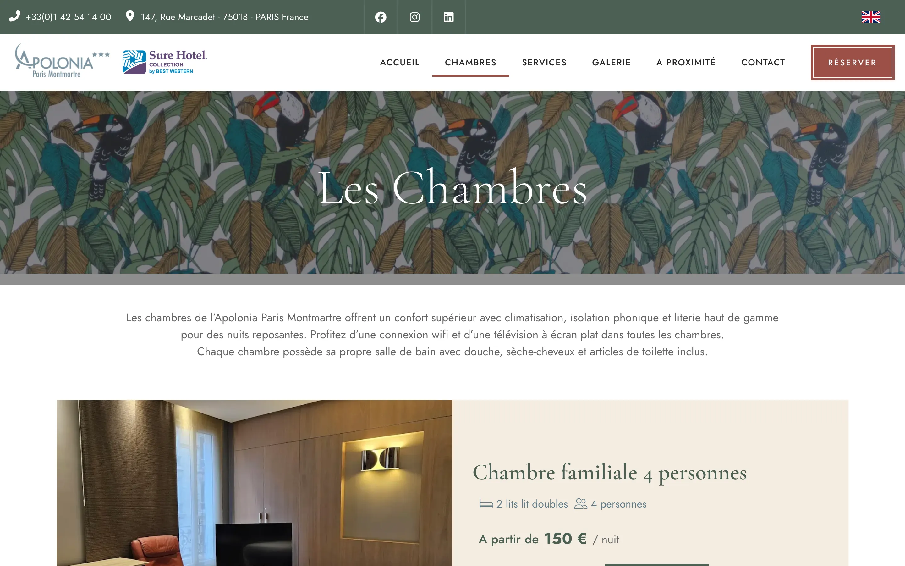 Page « Les chambres » du site de l'Hôtel Apolonia Paris Montmartre, version ordinateur