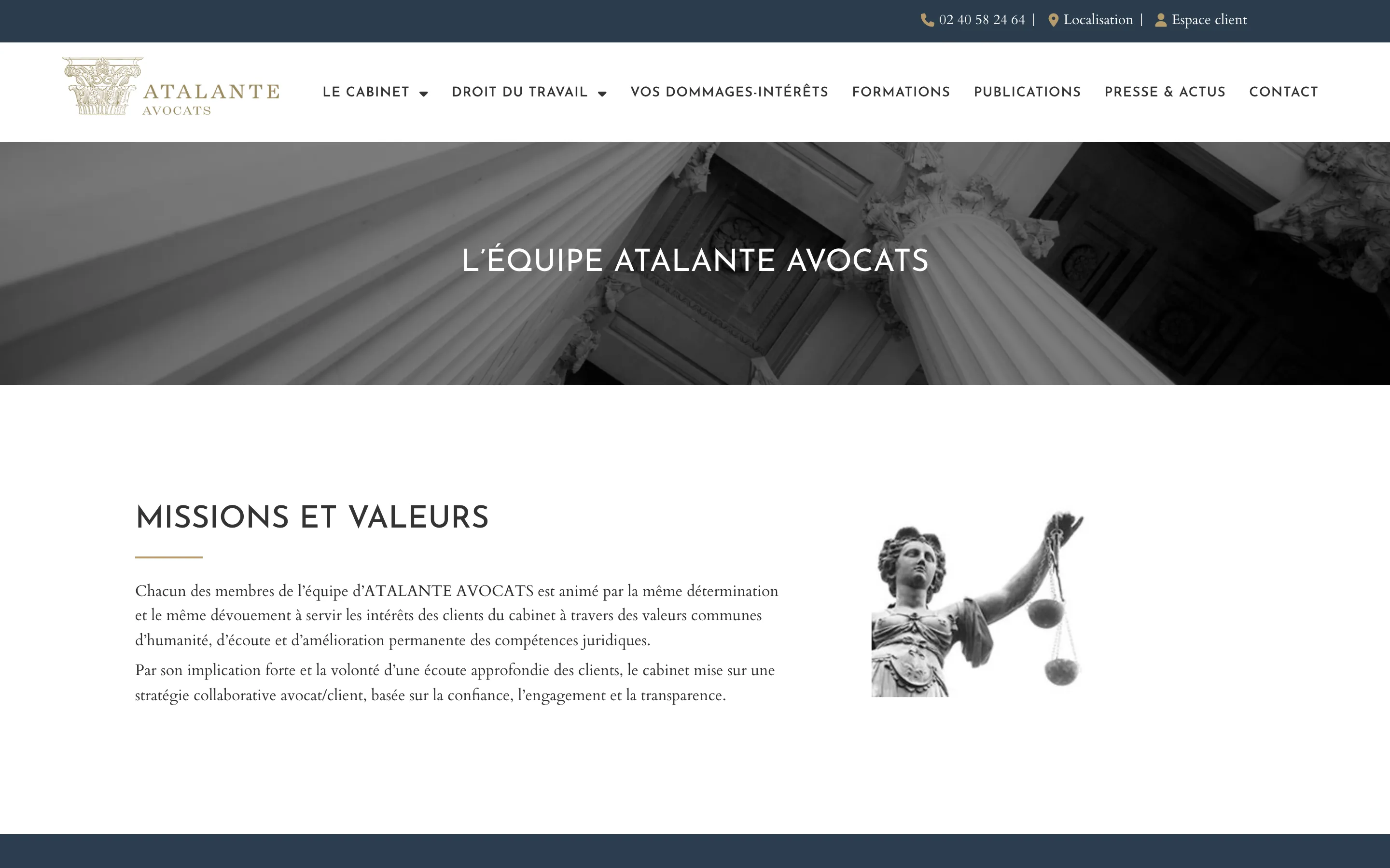 Page « L'équipe » du site d'Atalante Avocats, cabinet d'avocat à Nantes, version ordinateur