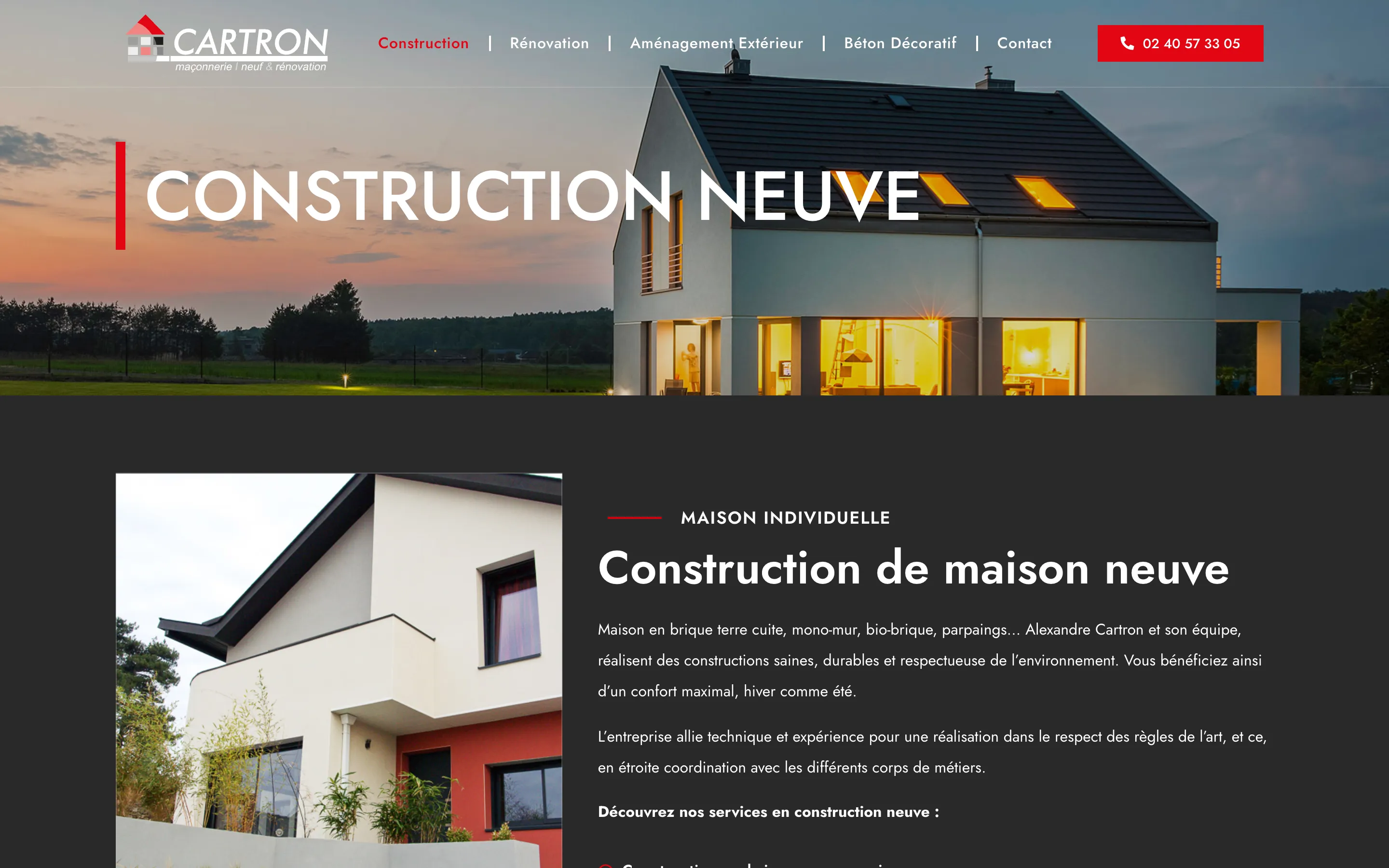 Page « Construction neuve » du site de la Maçonnerie Cartron, près de Nantes, version ordinateur