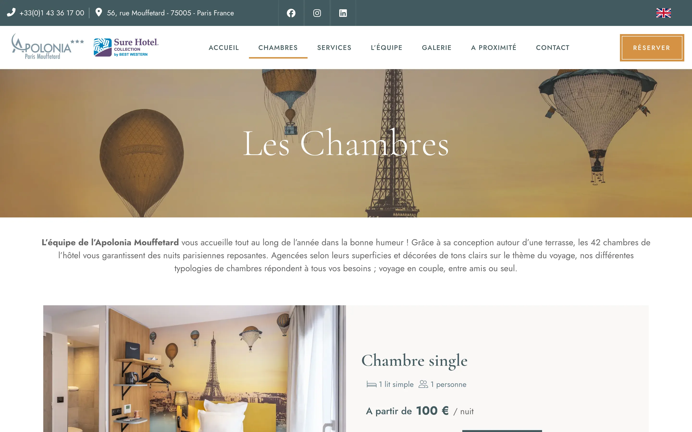 Page « Les chambres » du site de l'Hôtel Apolonia Paris Mouffetard, version ordinateur