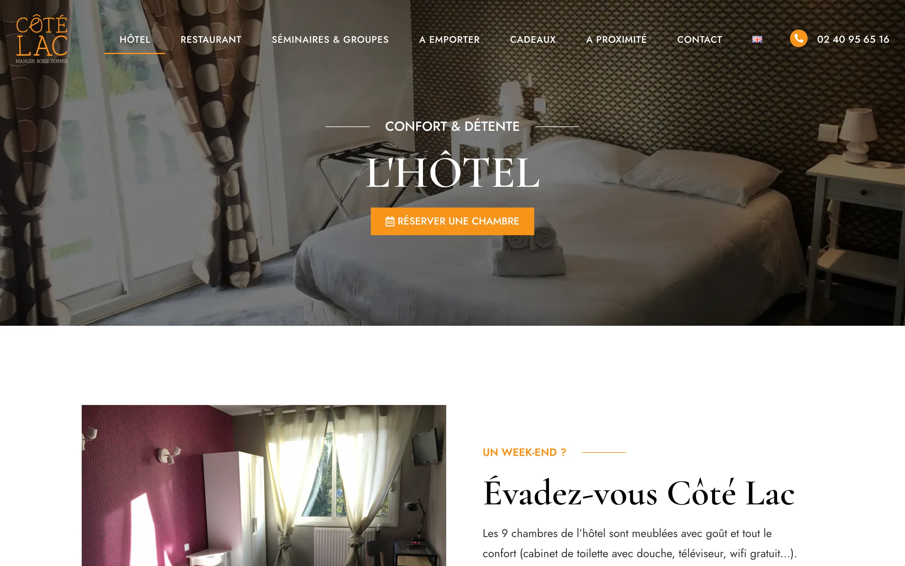Page « L'hôtel » du site de Côté Lac, hôtel restaurant à Savenay, version ordinateur
