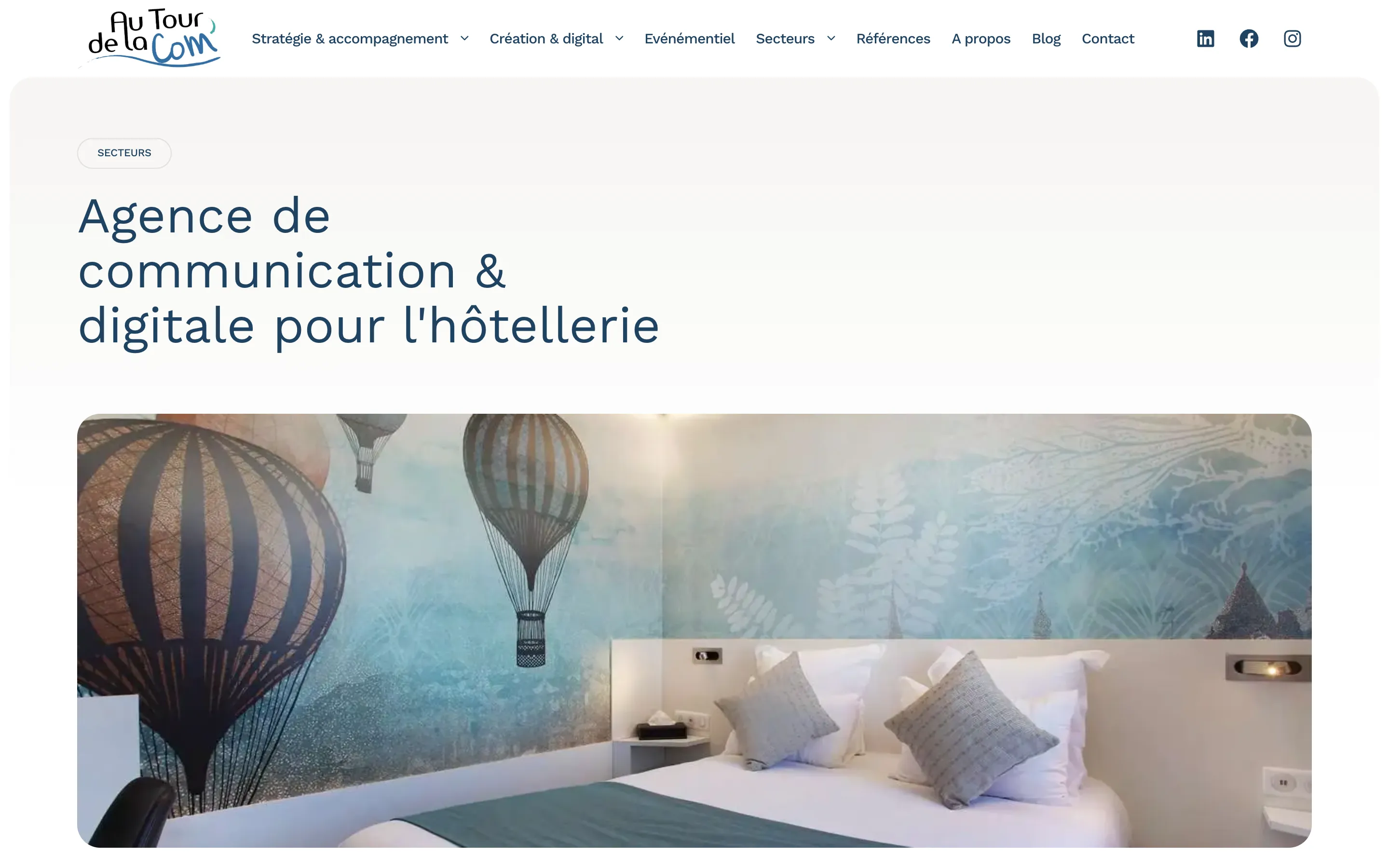 Page « Hôtellerie » du site d'Au Tour de la Com', agence de communication près de Nantes, version ordinateur