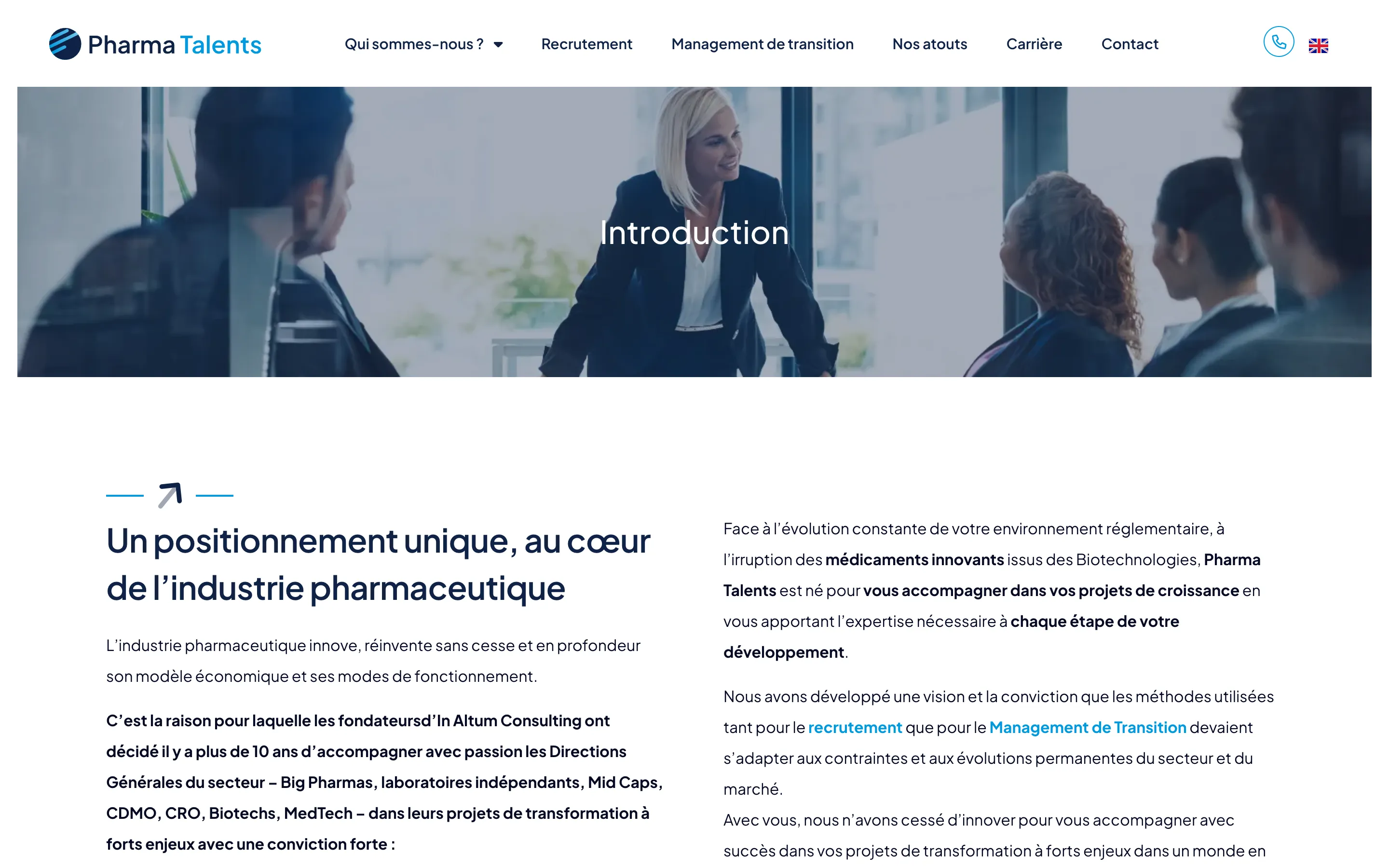 Page « Introduction » du site de Pharma Talents, cabinet de recrutement pharmaceutique, version ordinateur