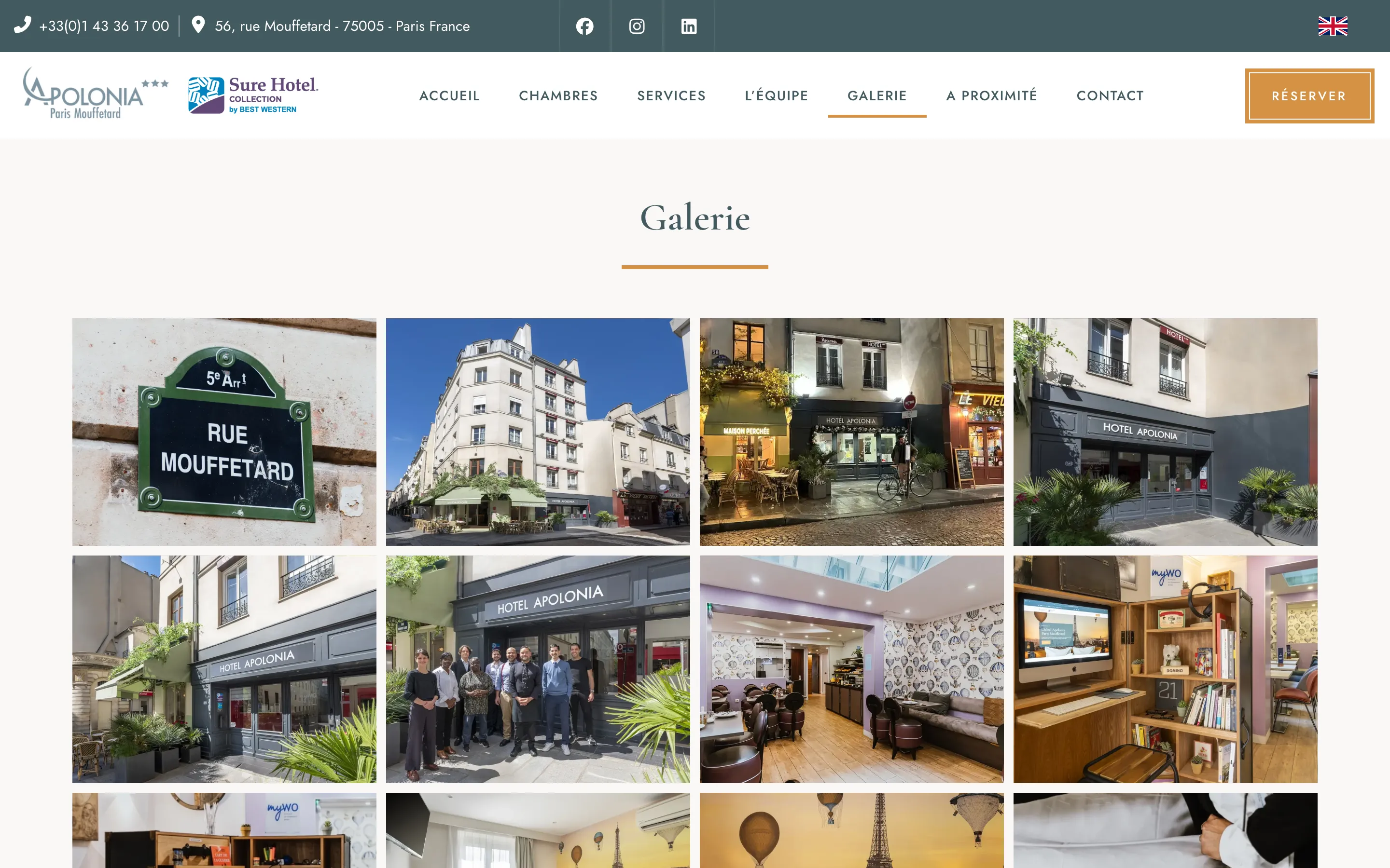 Page « Galerie » du site de l'Hôtel Apolonia Paris Mouffetard, version ordinateur