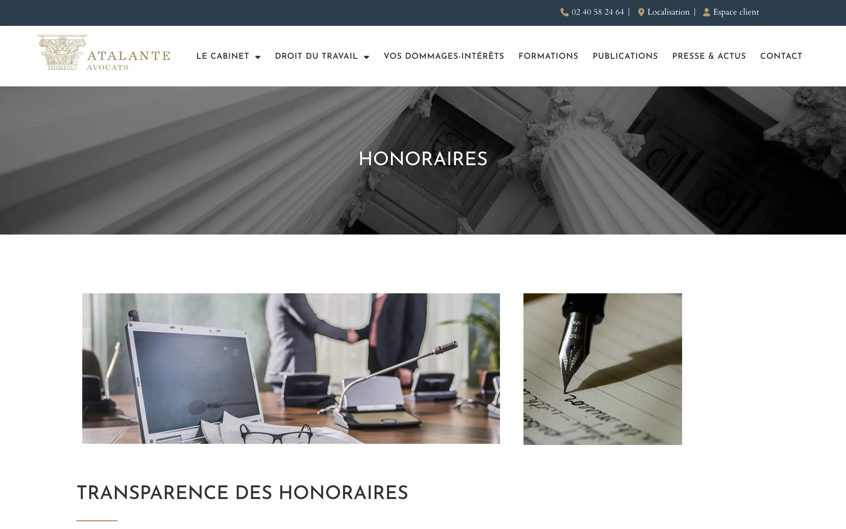 Page « Honoraires » du site d'Atalante Avocats, cabinet d'avocat à Nantes, version ordinateur