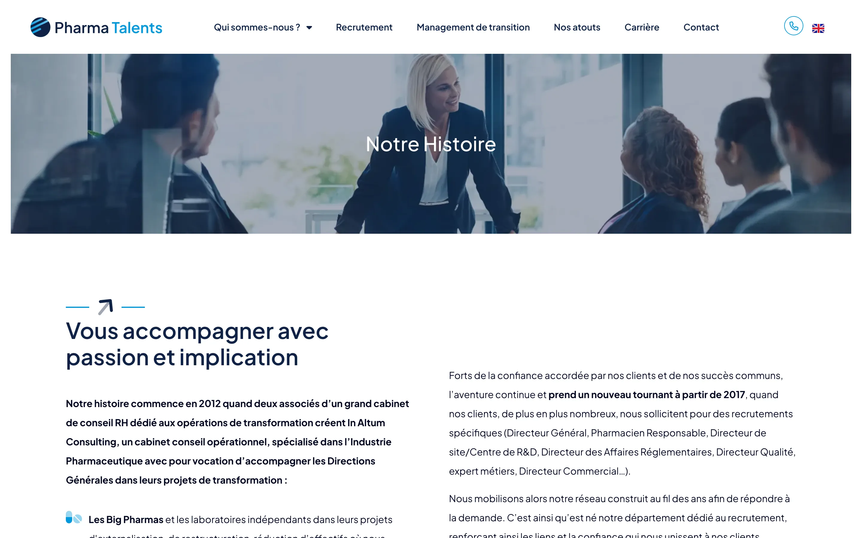 Page « Notre histoire » du site de Pharma Talents, cabinet de recrutement pharmaceutique, version ordinateur