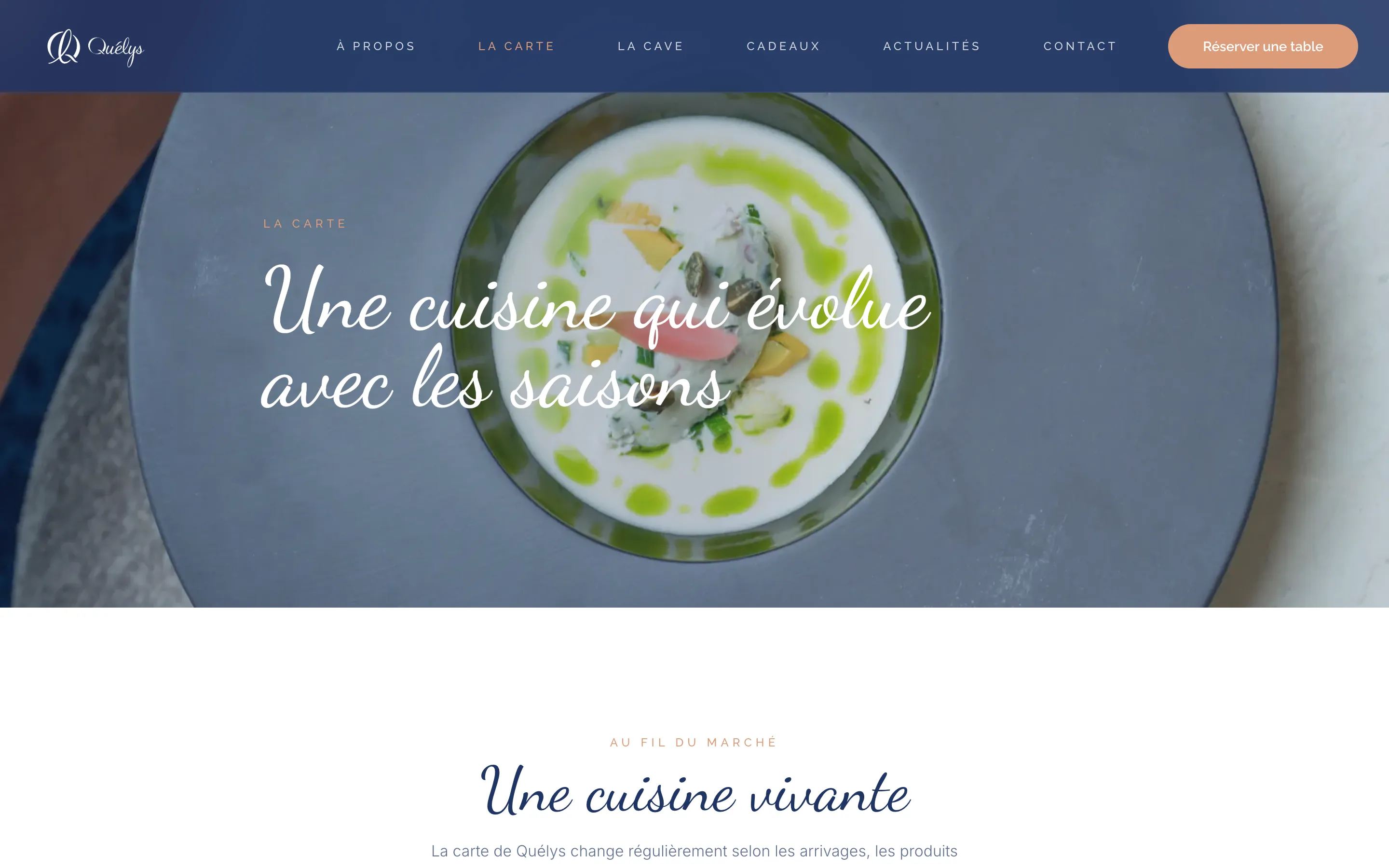 Page « La carte » du site du restaurant Quélys à Nantes, version ordinateur