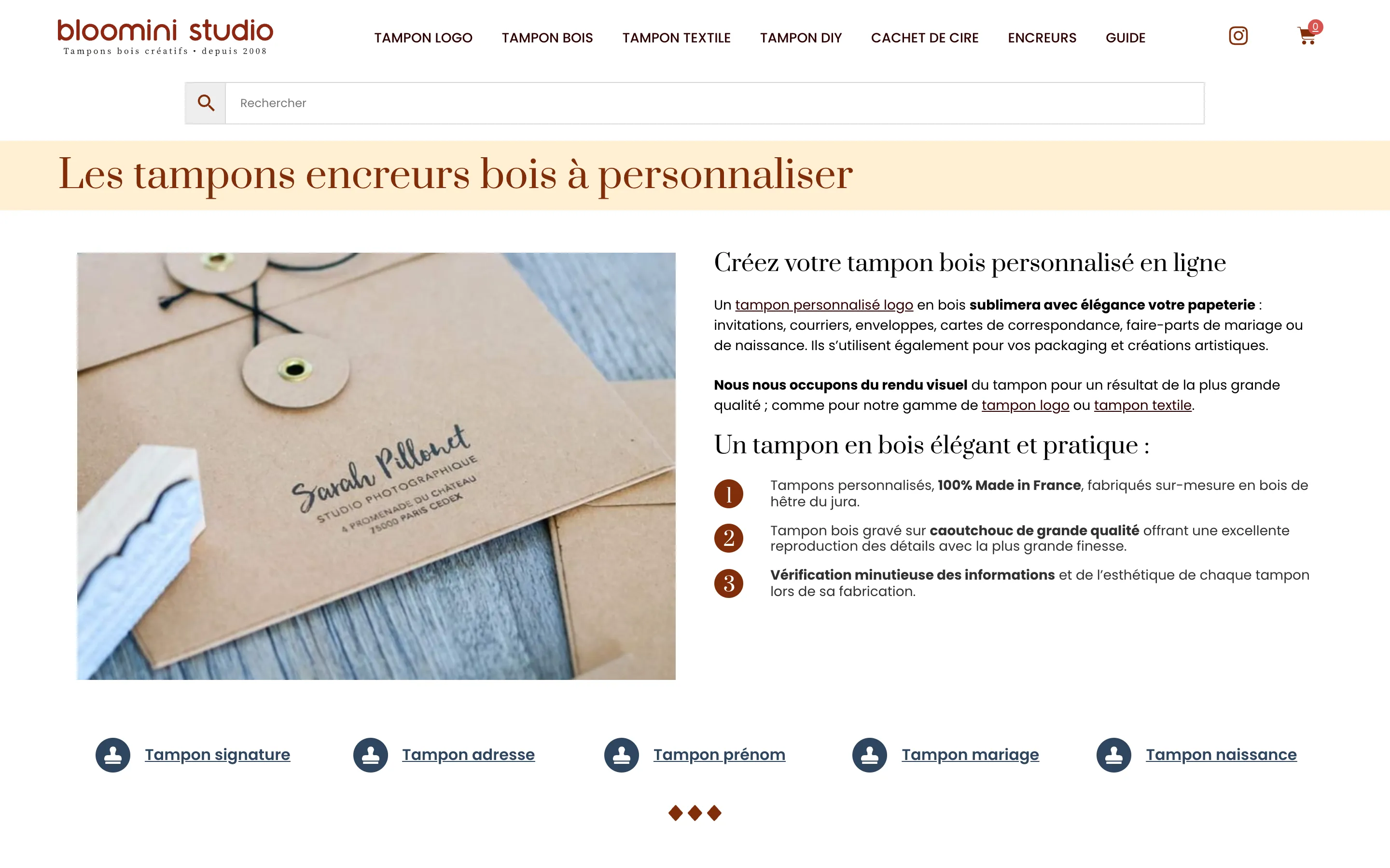 Page « Tampon bois » du site de Bloomini Studio, tampons personnalisés, version ordinateur
