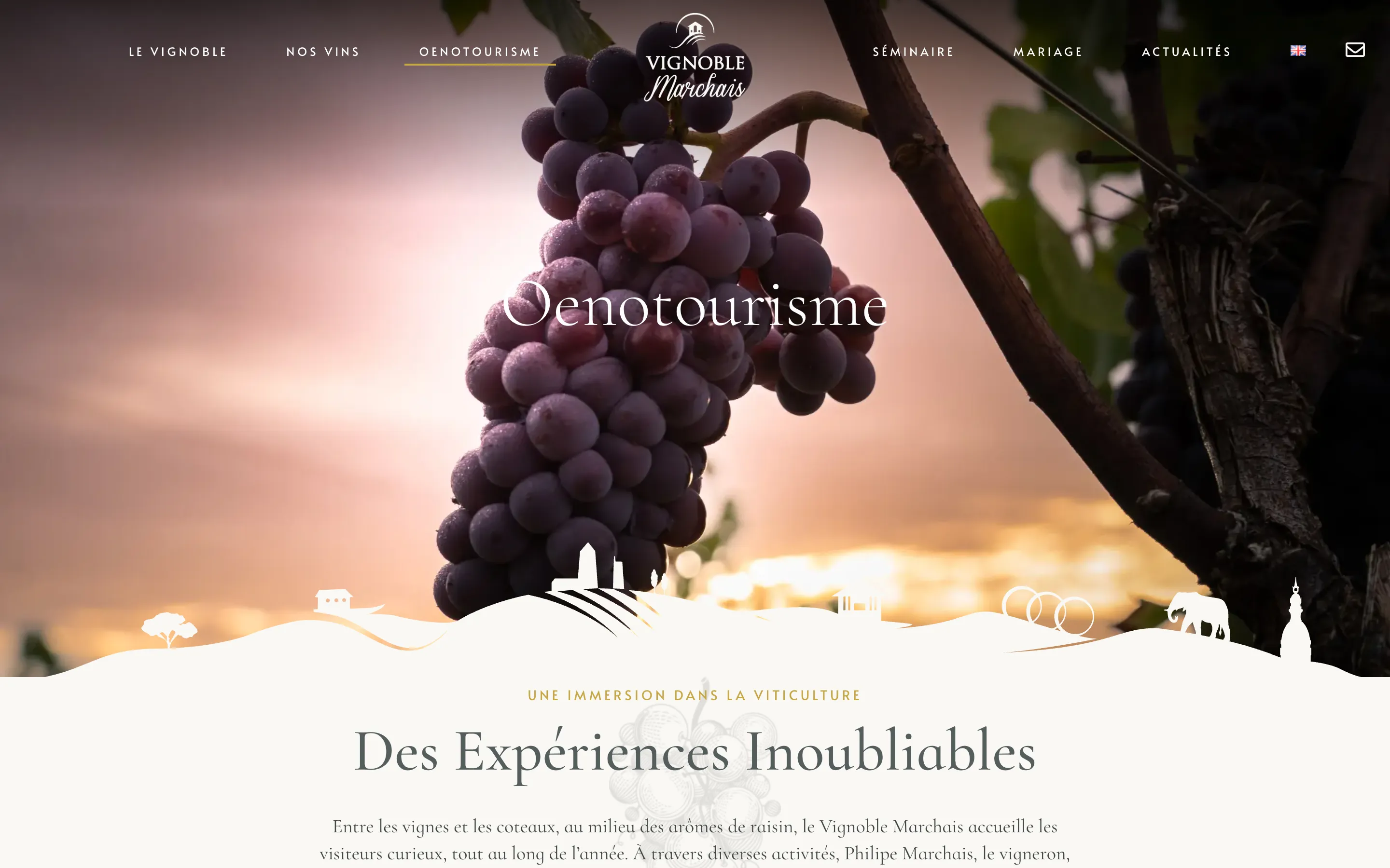 Page « Œnotourisme » du site du Vignoble Marchais, domaine viticole près de Nantes, version ordinateur