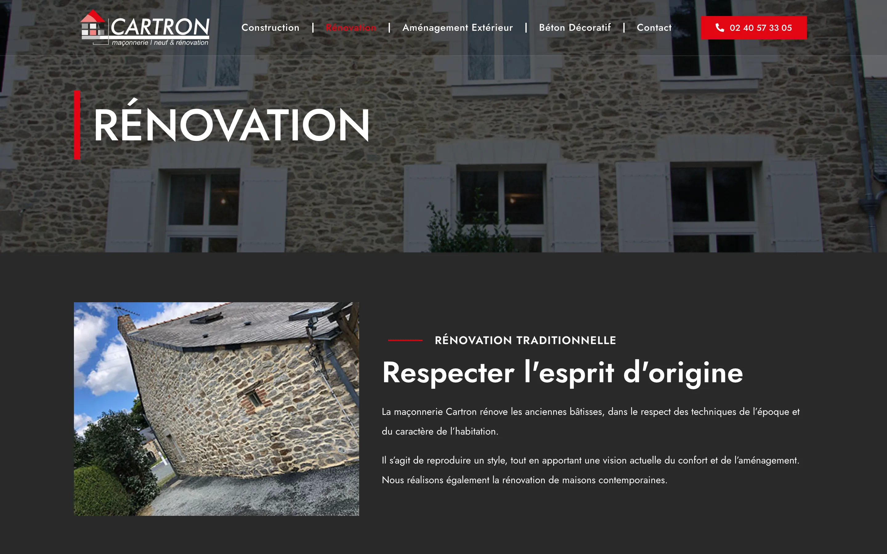 Page « Rénovation » du site de la Maçonnerie Cartron, près de Nantes, version ordinateur