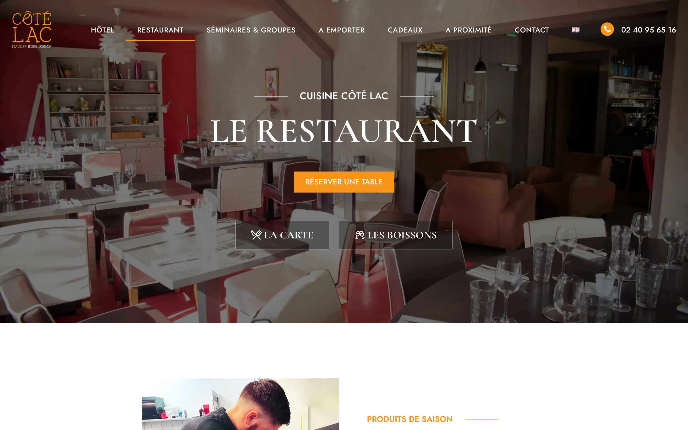 Page « Le restaurant » du site de Côté Lac, hôtel restaurant à Savenay, version ordinateur