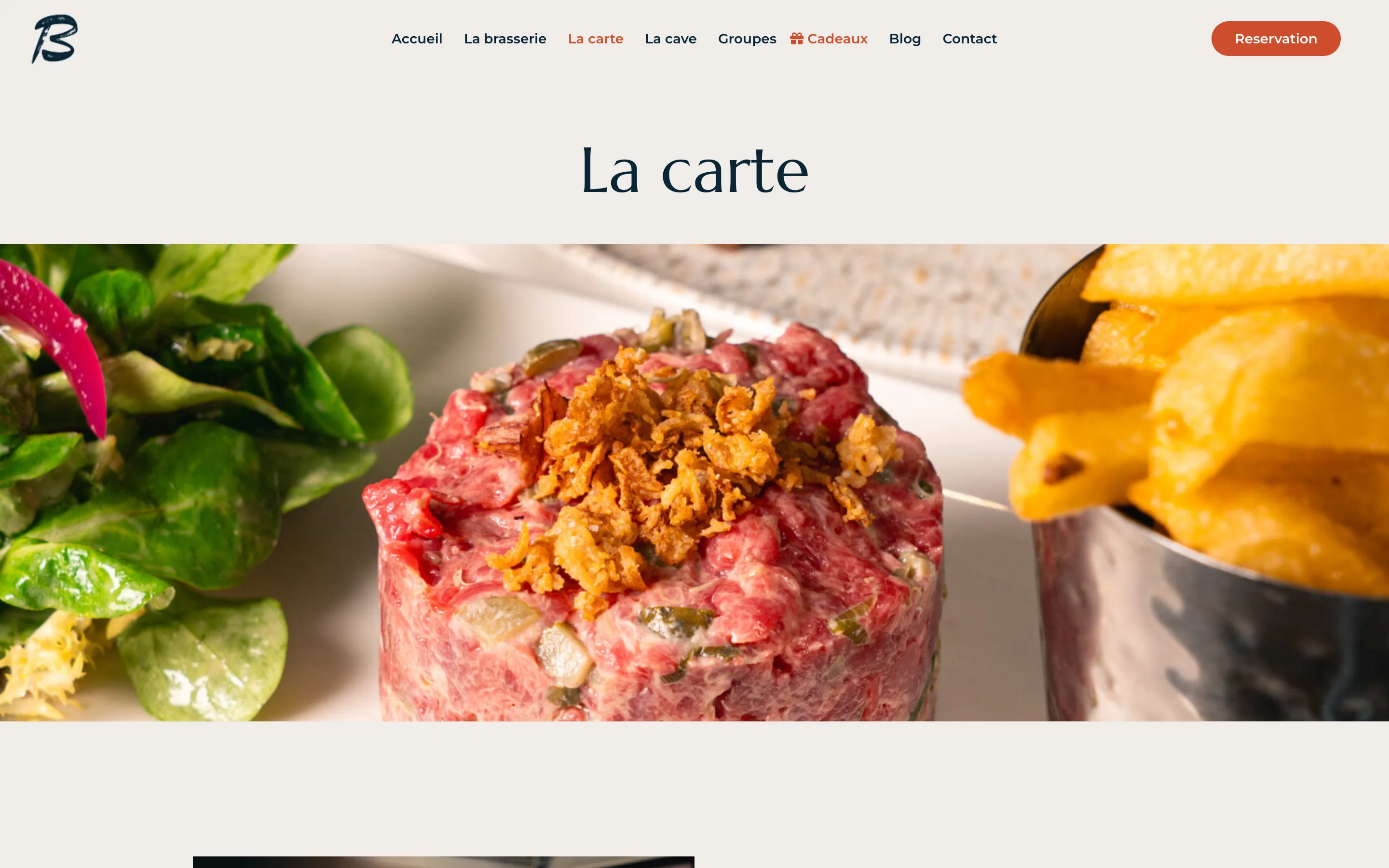 Page « La carte » du site de La Brasserie Bleue, restaurant à Vannes, version ordinateur